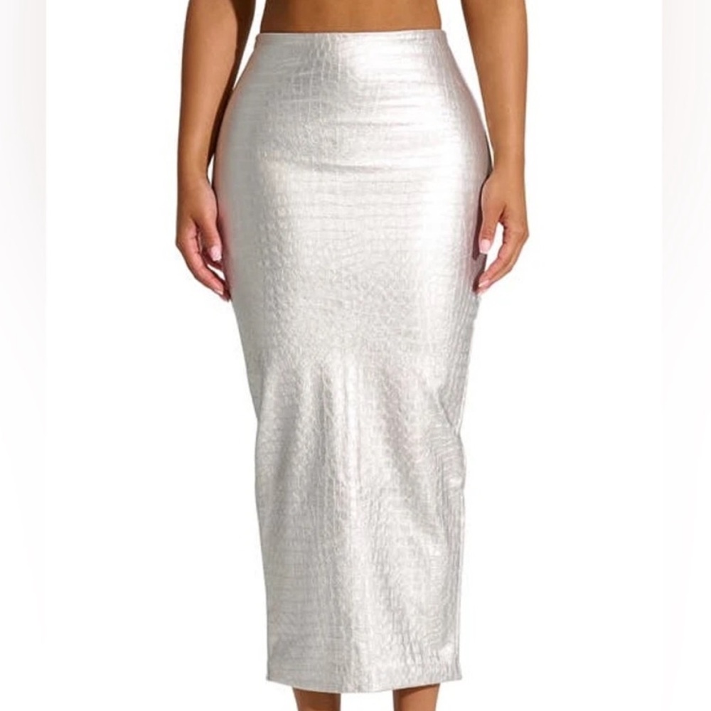 Naked Wardrobe The Crocodile Midi Skirt Small Metallic Sliver New With Tags